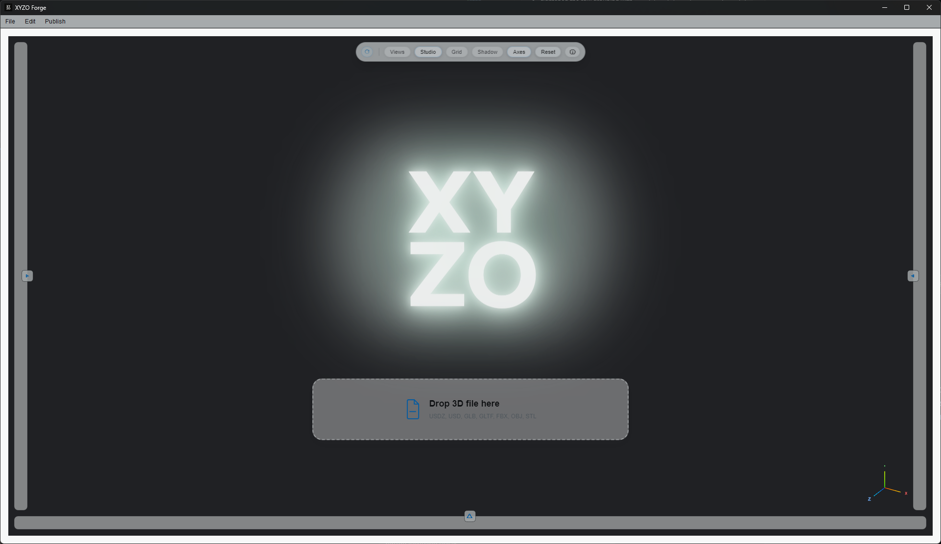 XYZO Forge intake screen ready to accept supported 3D source formats