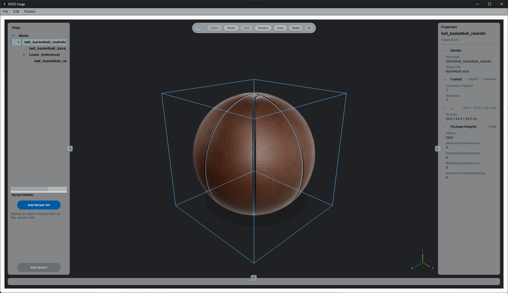 Normalized basketball displayed as a canonical asset in XYZO Forge with Stage hierarchy, bounds, properties, and package integrity visible