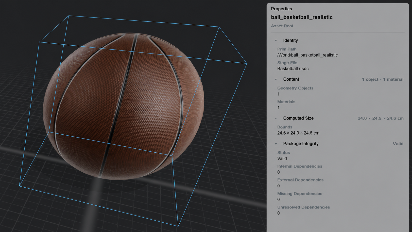 XYZO Forge inspecting a selected basketball asset with computed size, content, and package integrity properties.